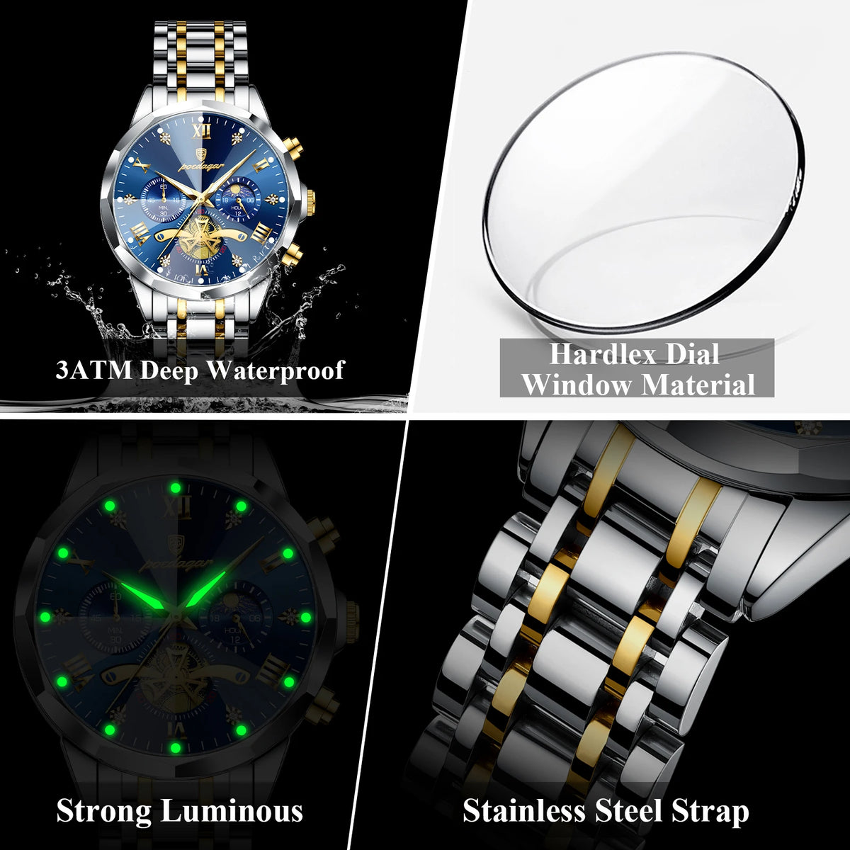 Luxury Men's Waterproof Chronograph Watch - POEDAGAR Stainless Steel Luminous Quartz Wristwatch for Confident Men