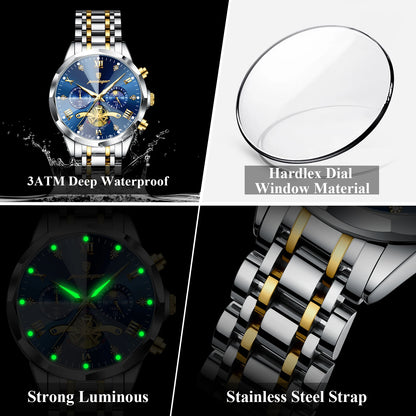 Luxury Men's Waterproof Chronograph Watch - POEDAGAR Stainless Steel Luminous Quartz Wristwatch for Confident Men