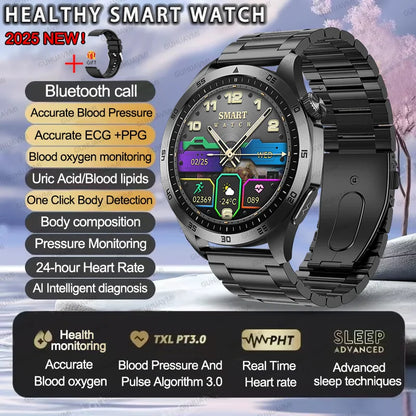 2025 Smartwatch for Men - ECG, PPG, Blood Pressure, Uric Acid & Lipid Monitoring with Bluetooth Call Function