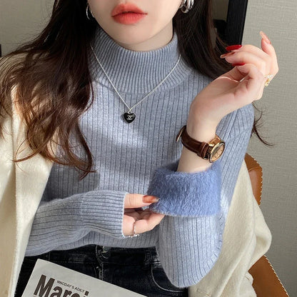 Women's Retro Red Velvet-Lined Turtleneck Sweater - Thick Thermal Knit for Winter 2025