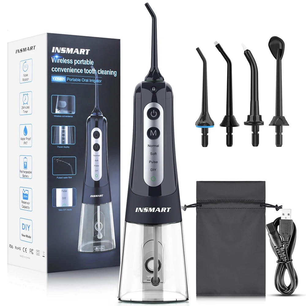 INSMART Portable Oral Irrigator - Waterproof Dental Water Flosser for Teeth Whitening & Cleaning, 300ML Water Tank