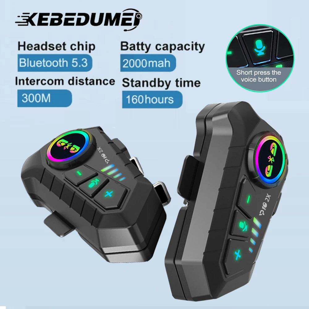 KEBIDUMEI 1/2x Motorcycle Intercom Headset for 2 Riders - BT 5.3, 300M Waterproof, Music Sharing, Helmet Communication
