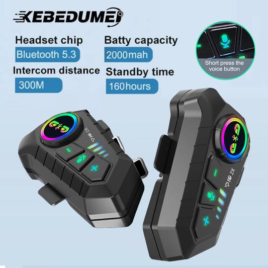KEBIDUMEI 1/2x Motorcycle Intercom Headset for 2 Riders - BT 5.3, 300M Waterproof, Music Sharing, Helmet Communication