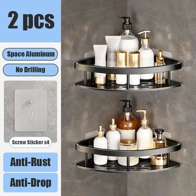 Wall-Mounted Aluminum Bathroom Shelf for Shampoo & Toiletries – No Drill Corner Rack for Showers & Kitchens