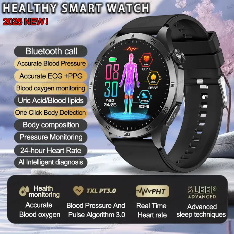 2025 Smartwatch for Men - ECG, PPG, Blood Pressure, Uric Acid & Lipid Monitoring with Bluetooth Call Function