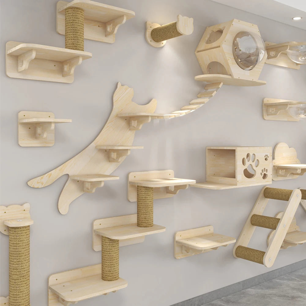Wall-Mounted Cat Tree with Scratching Post, Jumping Platform, and Hammock for Cats