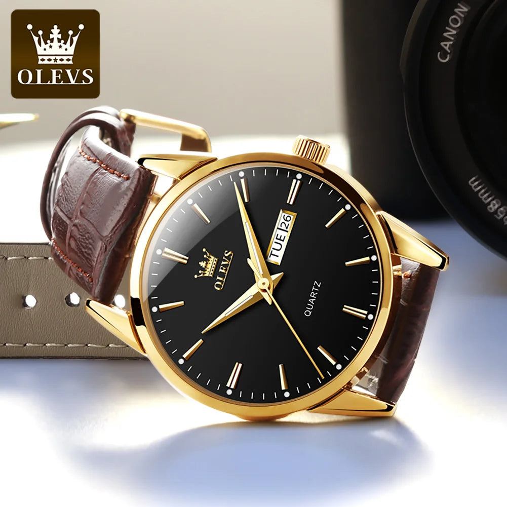OLEVS Men's Waterproof Quartz Watch - Luxury Casual Fashion Wristwatch with Breathable Leather and Luminous Features
