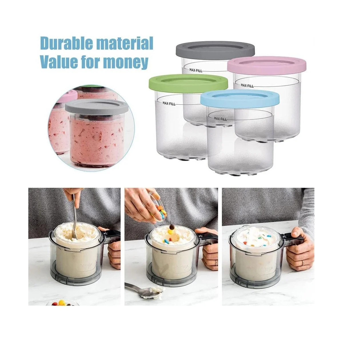 Ice Cream Pints for Ninja Creami NC301 NC300 NC299AMZ - Durable Containers with Lids for Homemade Treats