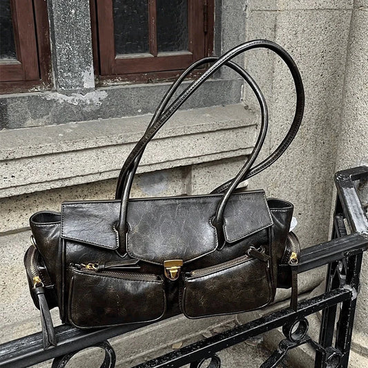 Vintage Leather Underarm Bag for Girls - Versatile Multi-Pocket Handbag with Spaghetti Strap for Motorcycle Rides