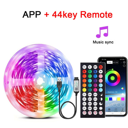 RGB LED Strip Lights with Music Sync - USB 5V Remote Control Flexible Lamp for Bedroom, Party, TV, and Desk Decoration