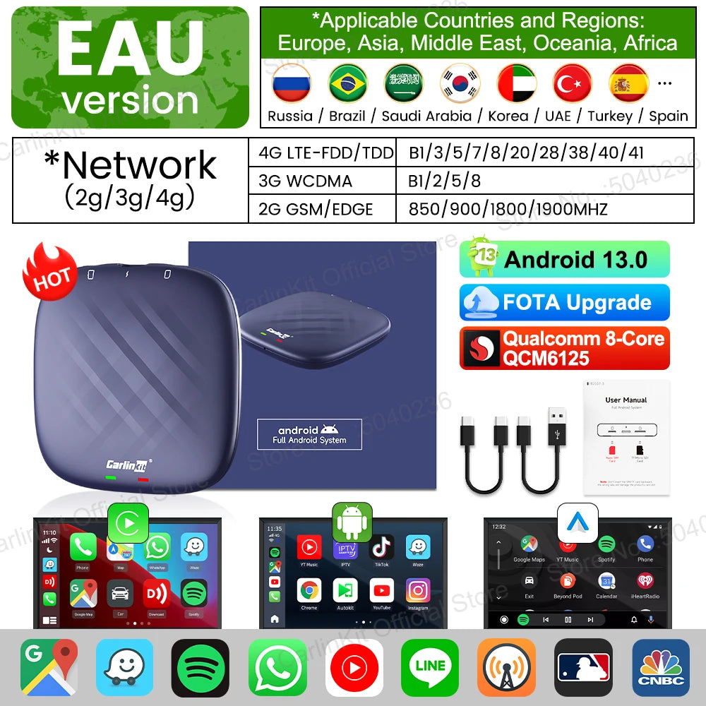 Android 13 CarlinKit AI TV Box for Wireless CarPlay & Android Auto - 8-Core, Split Screen, 64G/128G for Netflix & YouTube