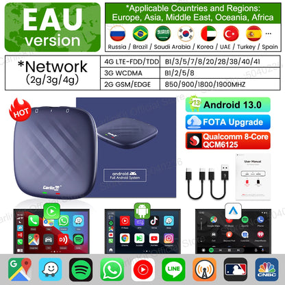 Android 13 CarlinKit AI TV Box for Wireless CarPlay & Android Auto - 8-Core, Split Screen, 64G/128G for Netflix & YouTube