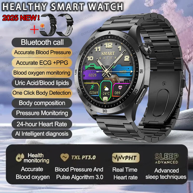 2025 Smartwatch for Men - ECG, PPG, Blood Pressure, Uric Acid & Lipid Monitoring with Bluetooth Call Function