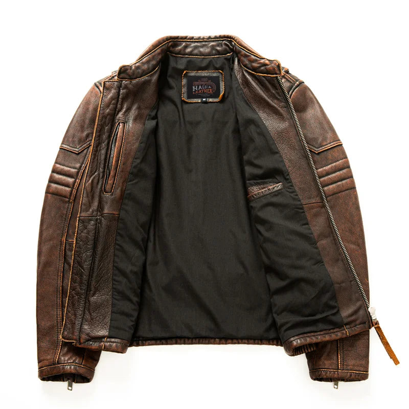 Men's Brown Calfskin Motorcycle Jacket - Retro Stand Collar Biker Gear in Natural Leather