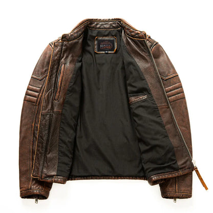 Men's Brown Calfskin Motorcycle Jacket - Retro Stand Collar Biker Gear in Natural Leather