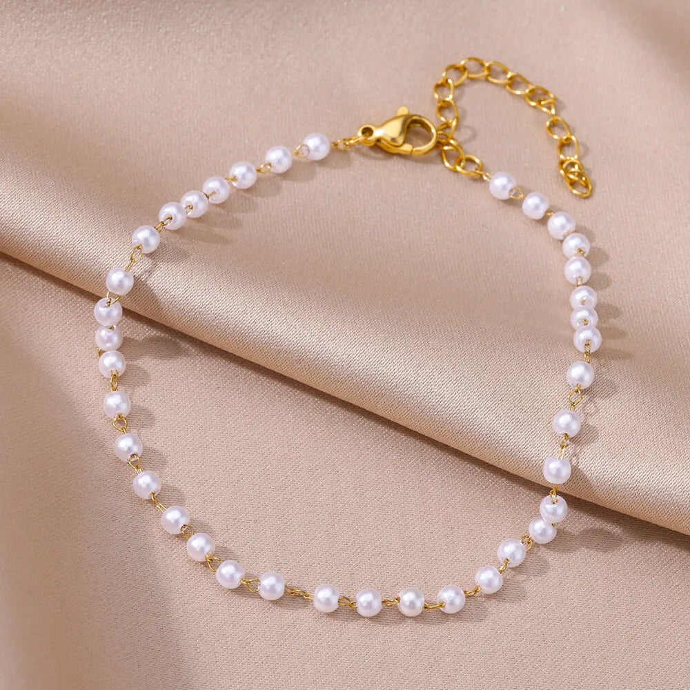 Gold Imitation Pearl Chain Anklet for Women - Summer Beach Leg Bracelet Accessory