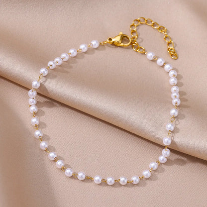 Gold Imitation Pearl Chain Anklet for Women - Summer Beach Leg Bracelet Accessory