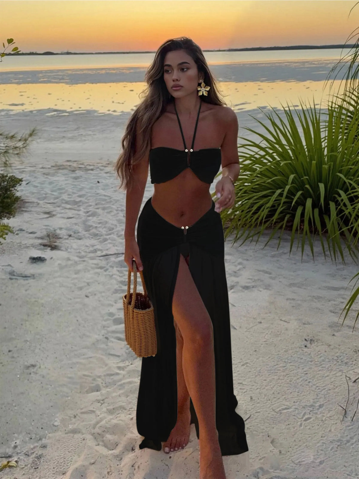 Halter Neck 3 Piece Bikini Set & Sheer Maxi Skirt for Summer Beach Vacations & Pool Parties