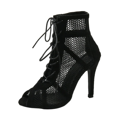 Sexy Black Mesh High Heels for Women – Summer Cross-tied Peep Toe Sandals with Ankle Strap for Dance & Parties