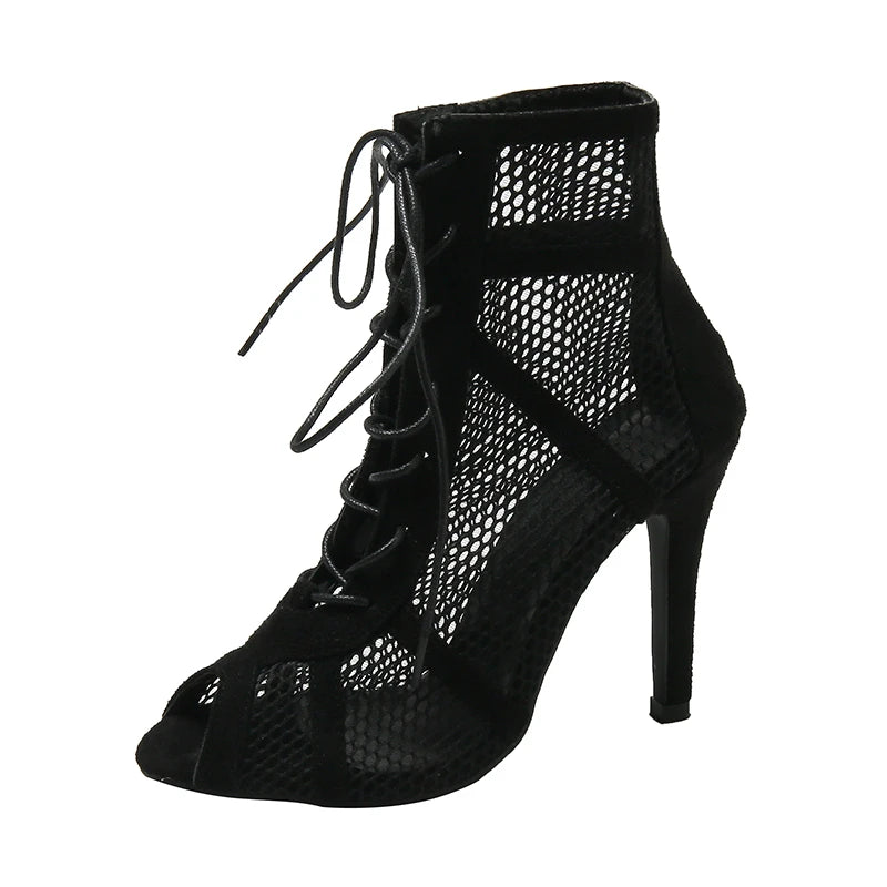 Sexy Black Mesh High Heels for Women – Summer Cross-tied Peep Toe Sandals with Ankle Strap for Dance & Parties