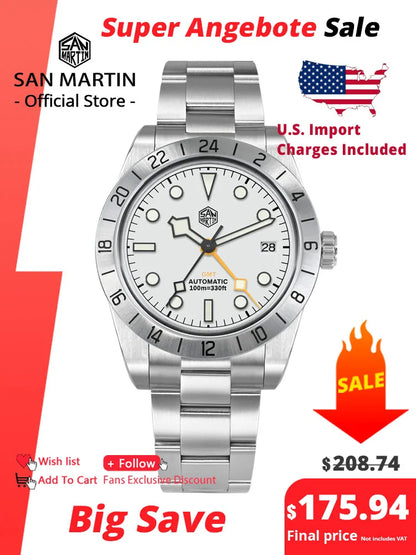 San Martin 39mm NH34 BB GMT Automatic Sport Watch for Men - Sapphire, Luminous, 100m Waterproof Relogio SN0054