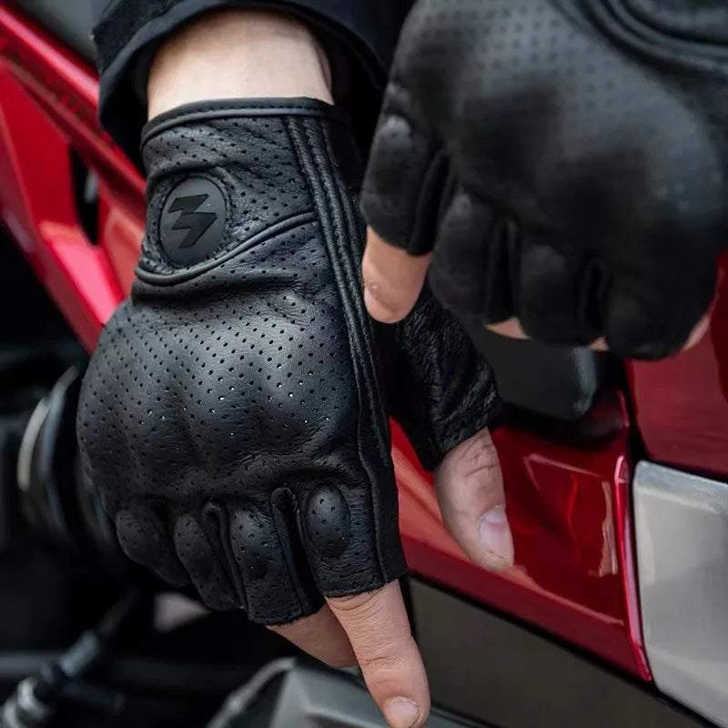 Summer Goatskin Leather Fingerless Motorcycle Gloves for Riders | Lightweight Motocross Half-Finger Gant