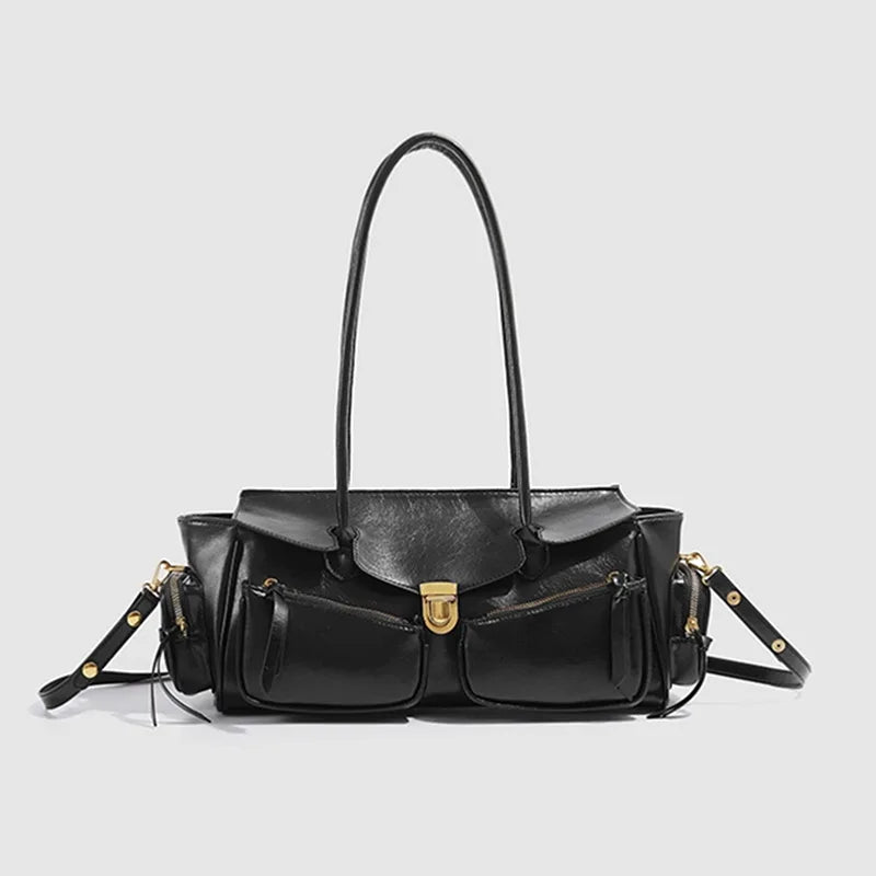 Vintage Leather Underarm Bag for Girls - Versatile Multi-Pocket Handbag with Spaghetti Strap for Motorcycle Rides