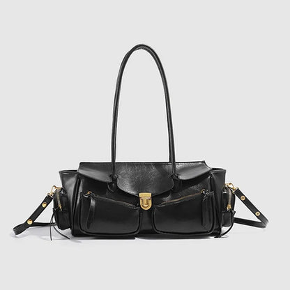 Vintage Leather Underarm Bag for Girls - Versatile Multi-Pocket Handbag with Spaghetti Strap for Motorcycle Rides
