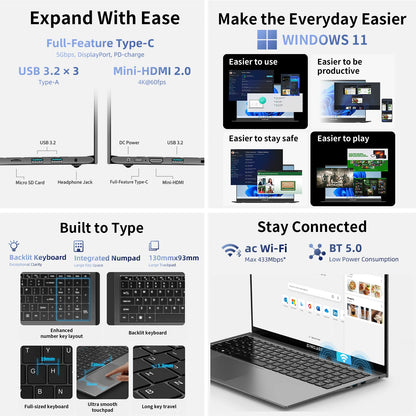 Teclast F17 Plus Laptop - 17.3" Full HD, 16GB RAM, 512GB SSD, Intel N150, Windows 11 Pro, 180° Flip, Mini-HDMI, USB 3.2