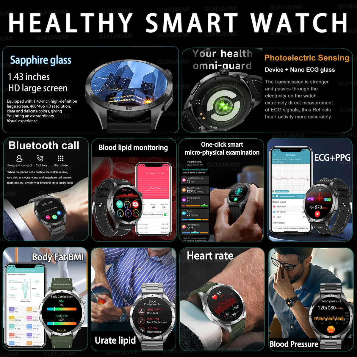 2025 Smartwatch for Men - ECG, PPG, Blood Pressure, Uric Acid & Lipid Monitoring with Bluetooth Call Function