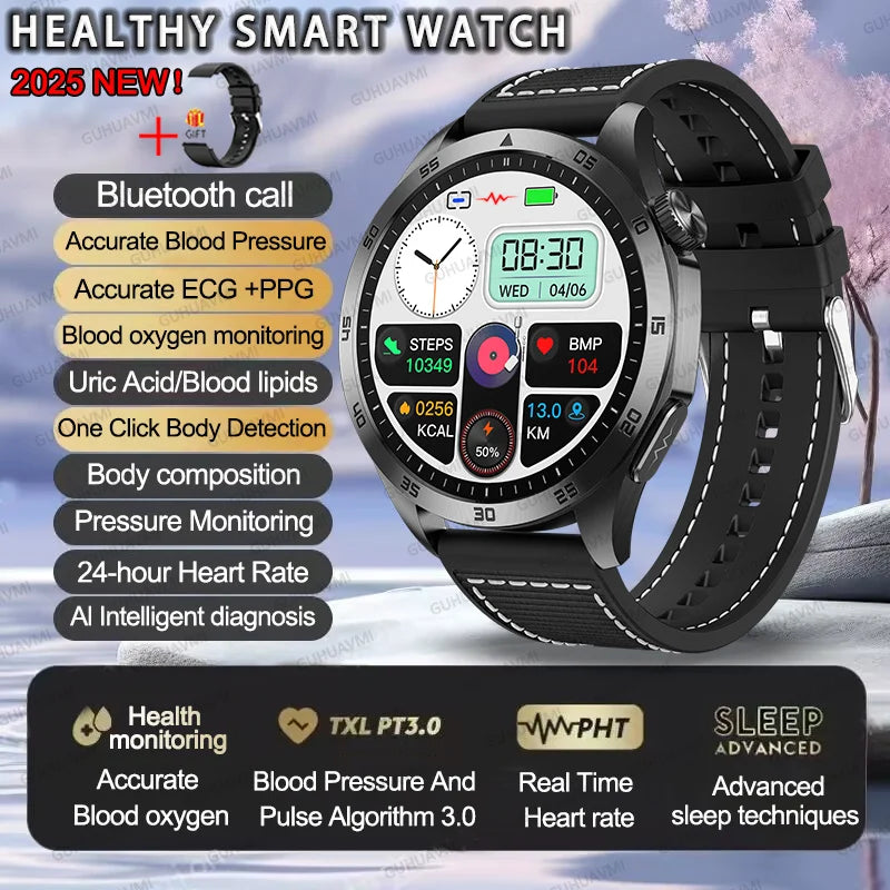 2025 Smartwatch for Men - ECG, PPG, Blood Pressure, Uric Acid & Lipid Monitoring with Bluetooth Call Function