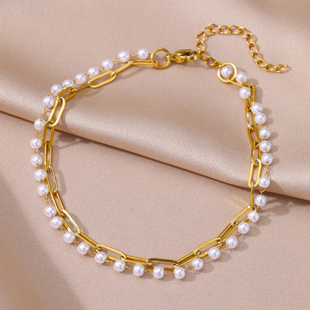 Gold Imitation Pearl Chain Anklet for Women - Summer Beach Leg Bracelet Accessory