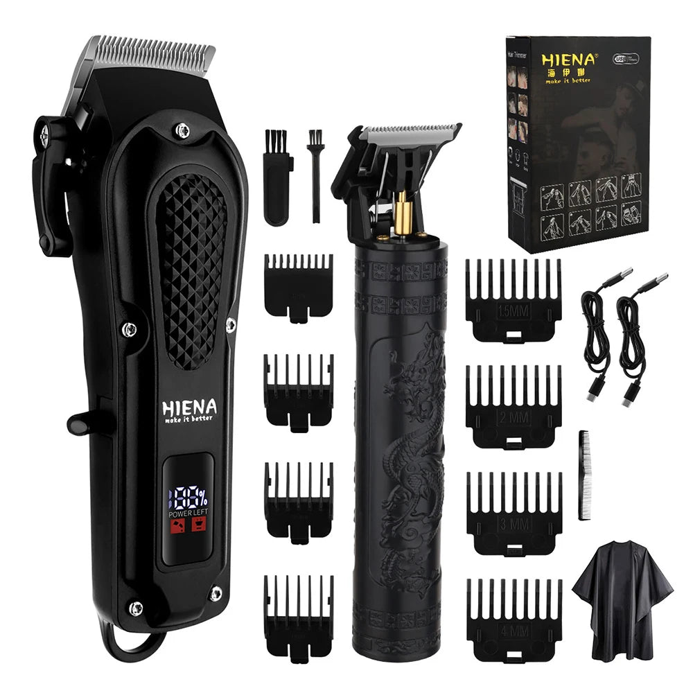 Hiena Hair Clipper Set - Cordless Metal Hair Trimmer with LCD Display for Professionals