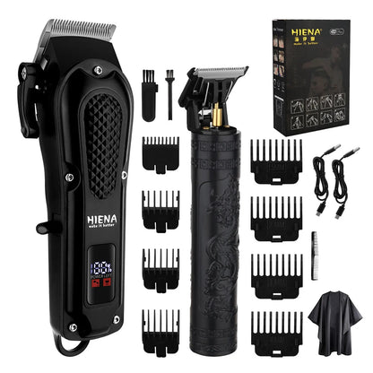 Hiena Hair Clipper Set - Cordless Metal Hair Trimmer with LCD Display for Professionals