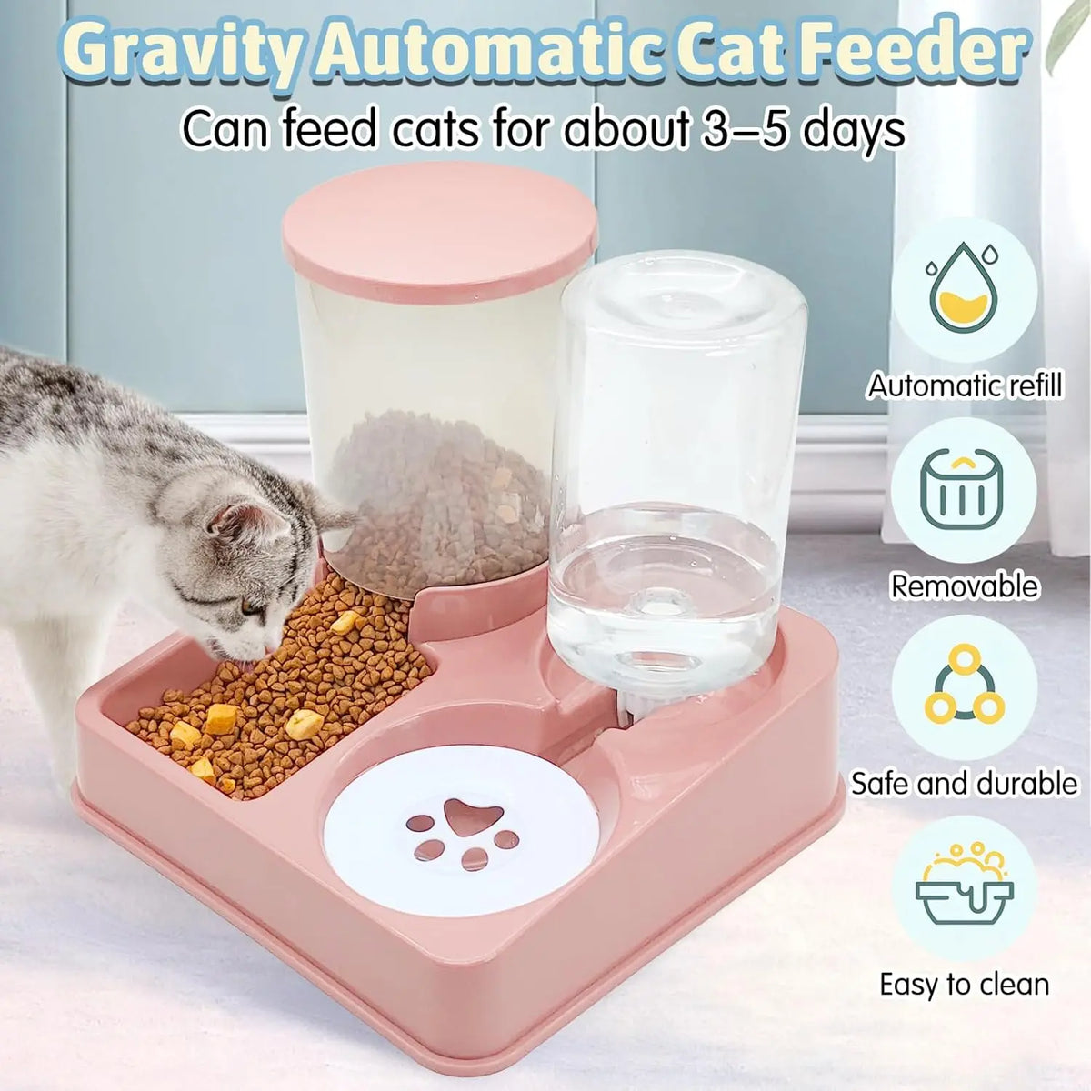 Automatic Cat Feeder & Water Dispenser Set - 2-in-1 Tilted Gravity Feeder for Cats & Dogs