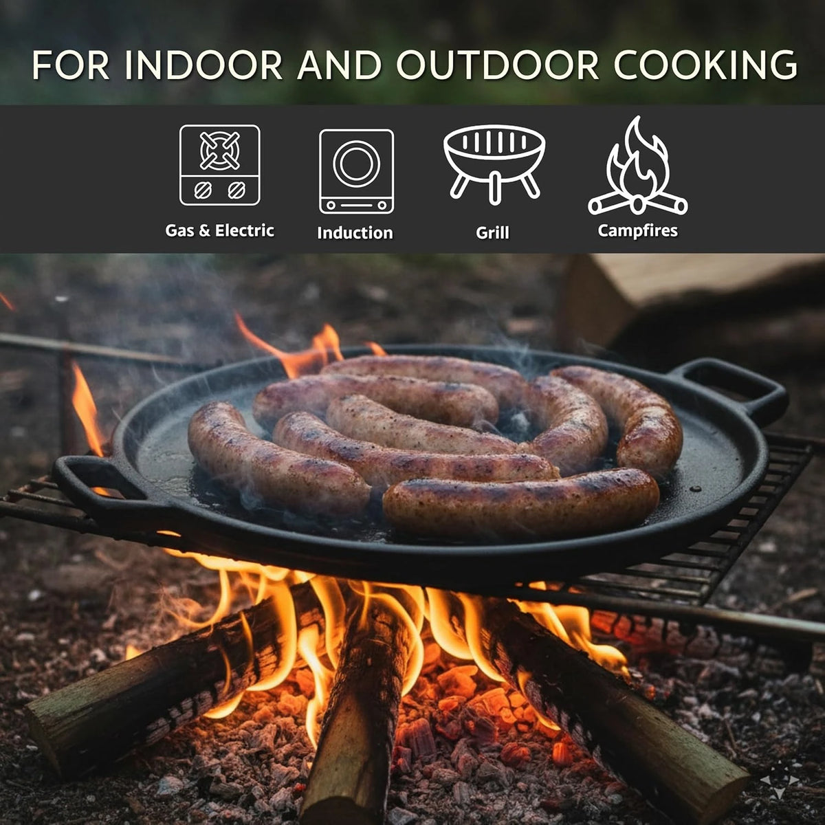 Cast Iron Skillet for Perfect Pizza, Eggs, Pancakes & Veggies - Non-Stick BBQ Frying Pan for Outdoor Cooking