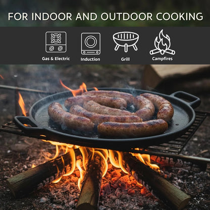 Cast Iron Skillet for Perfect Pizza, Eggs, Pancakes & Veggies - Non-Stick BBQ Frying Pan for Outdoor Cooking