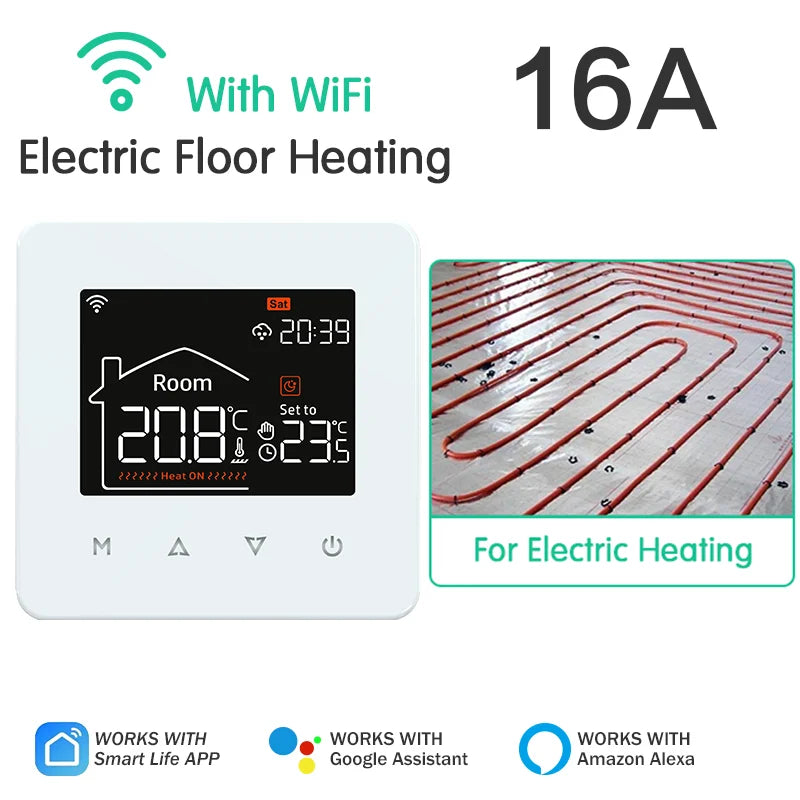 Tuya Smart Home WiFi Thermostat for Electric & Water Floor Heating Systems - Compatible with Google Home & Alexa