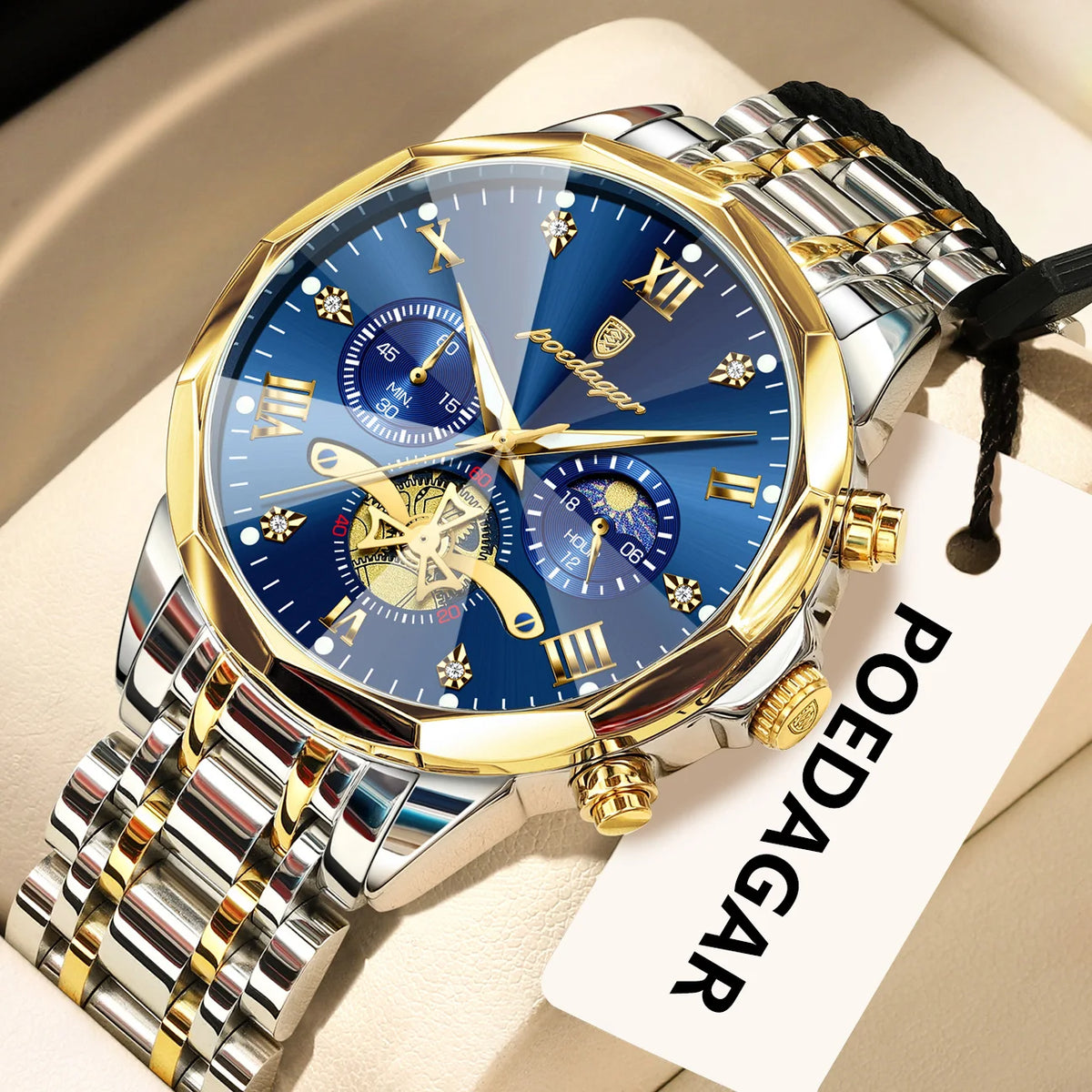 Luxury Men's Waterproof Chronograph Watch - POEDAGAR Stainless Steel Luminous Quartz Wristwatch for Confident Men
