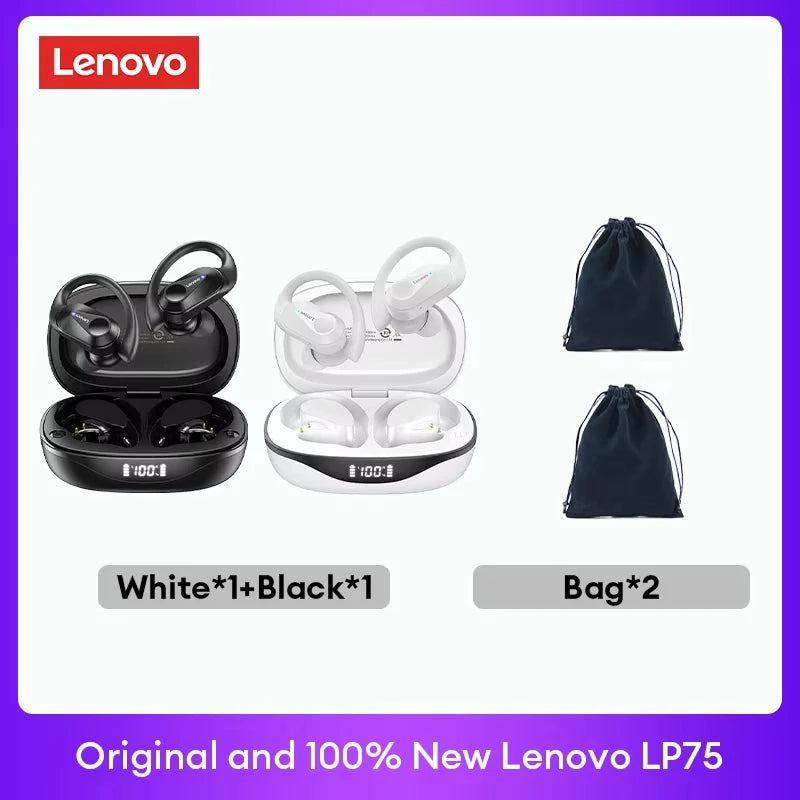 Lenovo LP75 TWS Bluetooth 5.3 Headphones - Waterproof Noise-Cancelling Earbuds with LED Display for Music Lovers