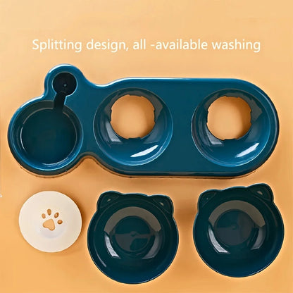 3-in-1 Tilted Cat Food and Water Bowl Set with Gravity Feeder for Neck Protection