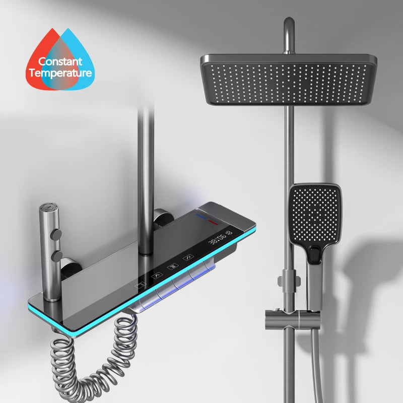Luxury Digital Shower System with LED Lights & Tempered Glass - Smart Thermostat Mixer Faucet for Modern Bathrooms