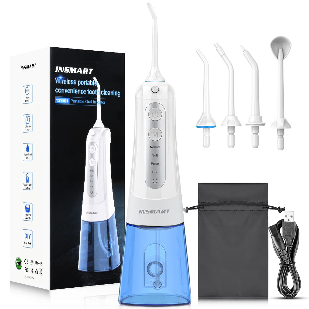 INSMART Portable Oral Irrigator - Waterproof Dental Water Flosser for Teeth Whitening & Cleaning, 300ML Water Tank