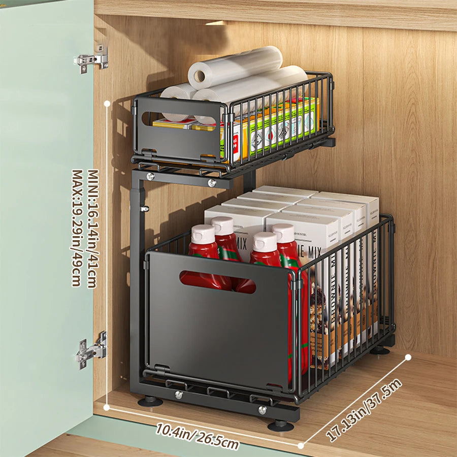 Pull-Out Under Sink Organizer for Kitchen & Bathroom - 2-Tier Adjustable Sliding Shelf in Black & White