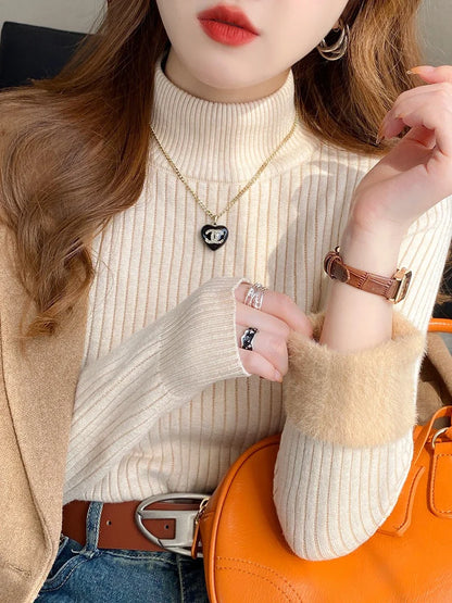 Women's Retro Red Velvet-Lined Turtleneck Sweater - Thick Thermal Knit for Winter 2025