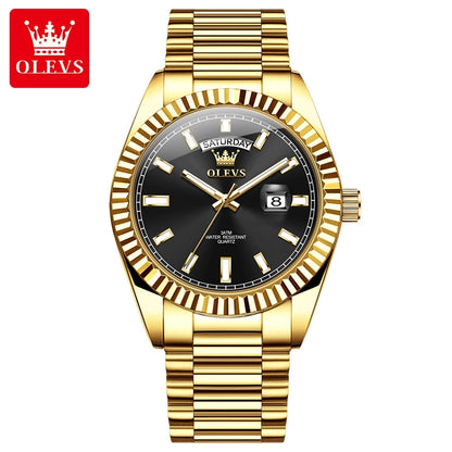 OLEVS Men's Waterproof Rose Gold Stainless Steel Watch with Day-Date Quartz Movement