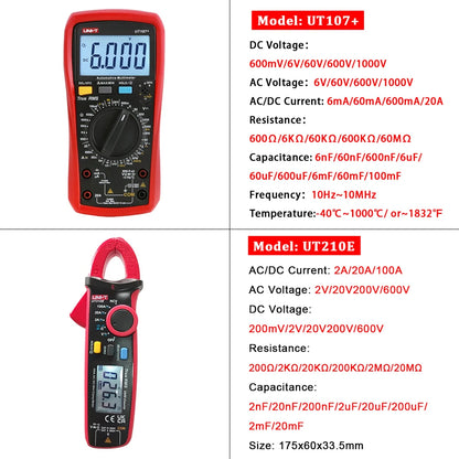UNI-T Professional Clamp Meter Multimeter Kit for Electricians – UT210E, UT204+, UT202A+, UT107+, UT890C, UT61E+ Tools