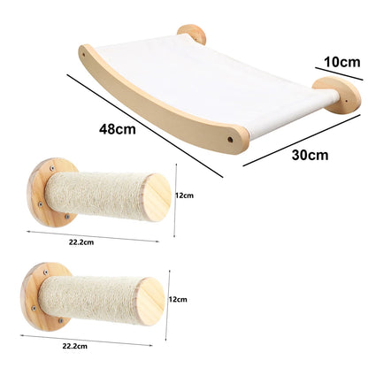Wall-Mounted Cat Tree with Scratching Post, Jumping Platform, and Hammock for Cats